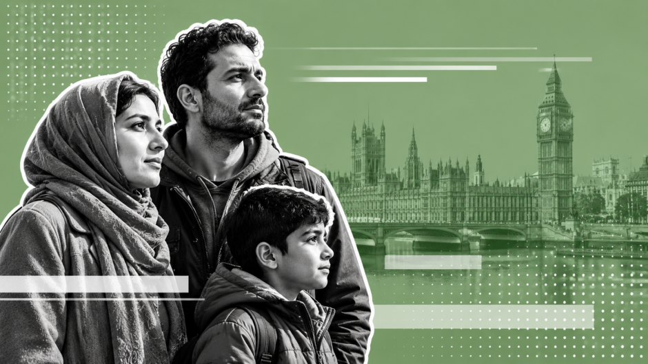 Family of three (woman in hijab, man, and child) looking ahead, with the Westminster skyline in the background and a green overlay.
