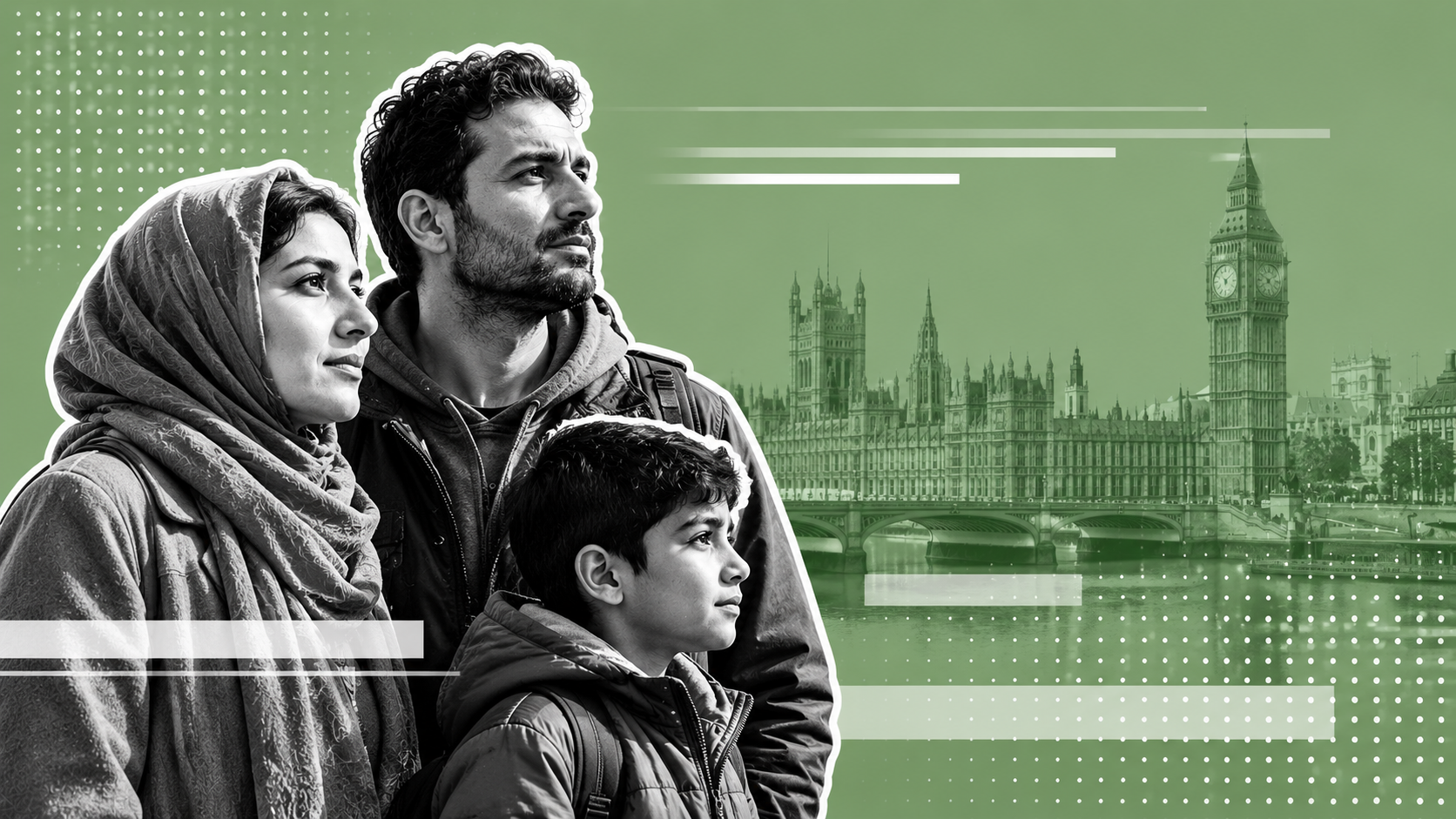 Family of three (woman in hijab, man, and child) looking ahead, with the Westminster skyline in the background and a green overlay.